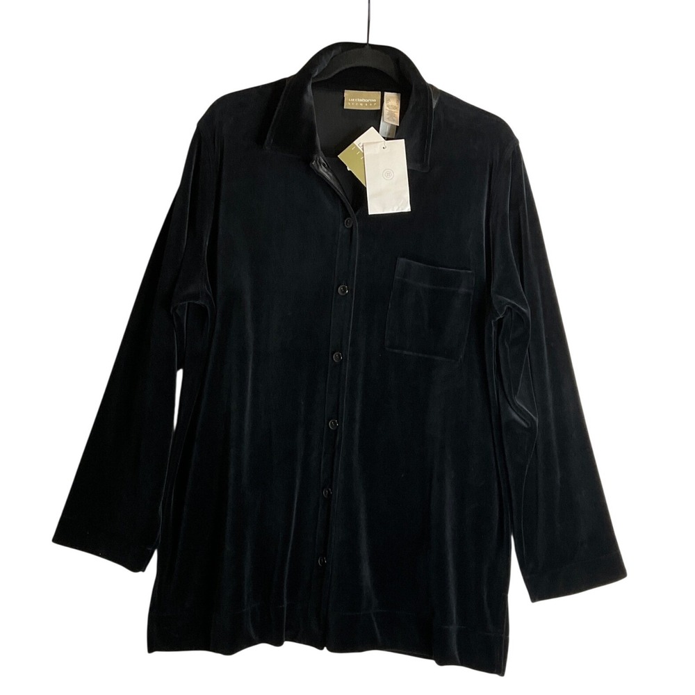New Liz Claiborne Liz Wear Black Velvet Burron Up Collared Shirt Jacket 90s XL
